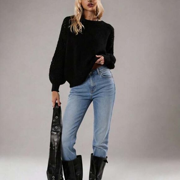 Solid Ribbed Knit Drop Shoulder Sweater,Ladies Spring/Fall Casual Long Sleeve Re - Picture 6 of 7